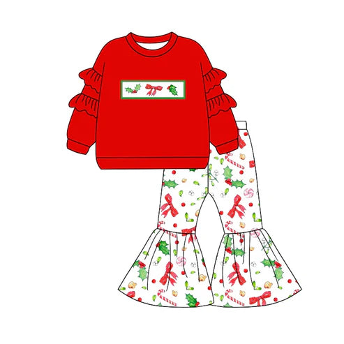 5.26 GLP1961 Baby Girls Christmas Holly Bows Top Bell Pants Outfits Sets Preorder
