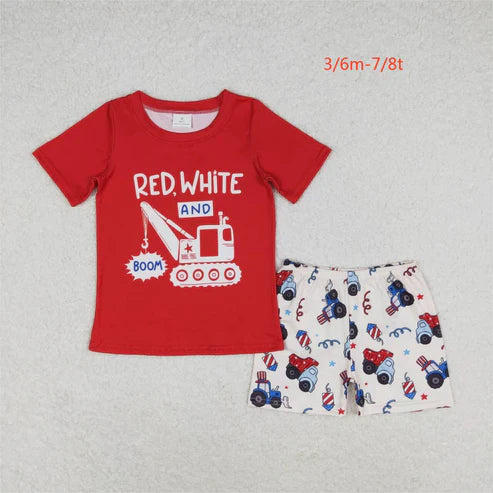 BT0652+ SS0257 4th of July Boys red short-sleeved top Star Tractor beige shorts suit