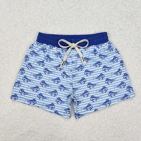 S0172 Baby Boys Summer Blue Stripes Shark Trunks Swimsuits Swimwear