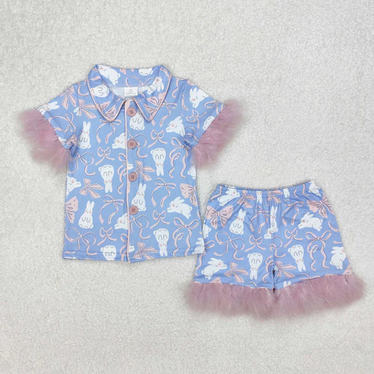 3.15 GSSO1946 Baby Girls Easter Rabbits Bows Fur Shirt Shorts Pajamas Clothes Set