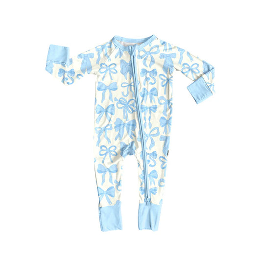 8.23 LR2581 Baby Boys Light Blue Bows Plaid Zipper Footie Rompers Preorder