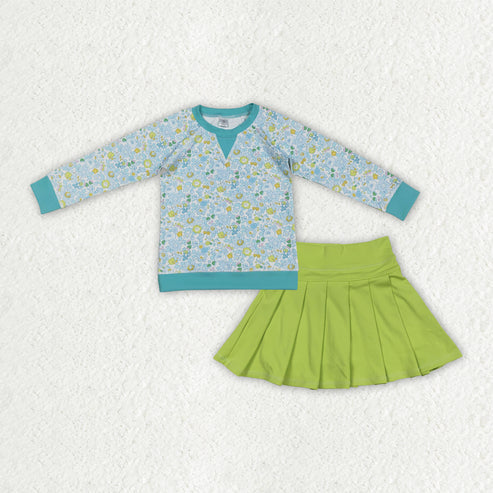 12.19 GT1294+GLK0081 Baby Girls Colorful Floral Top Green Pleated Skirt Shorts Yoga Active Clothes Set