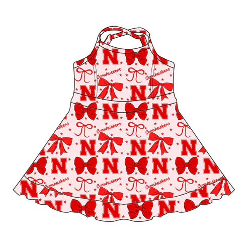 7.3 Custom Moq 3 Baby Girls Strap Huskers Bows Plaid Short Ruffle Team Knee Length Dresses
