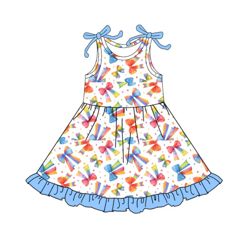 6.5 GSD2624 Baby Girls Sleeveless Colorful Bows Stars Ruffle Knee Length Dresses Preorder