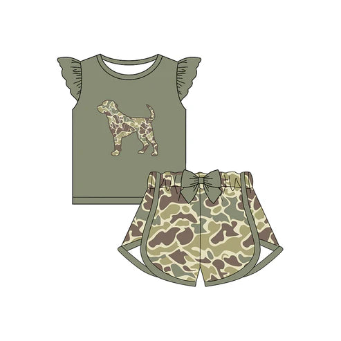 GSSO1694 Baby Girls Dog Hunting Shirt Bow Shorts Clothes Sets Preorder