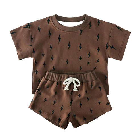 3.22 BSSO1425 Baby Boys Dark Brown Short Sleeves Lightning Top Short Pajamas Set Preorder