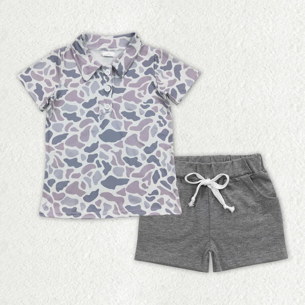 BT0597+SS0133 Baby Boys Grey Camouflage Lapel Buttons Shirts Cotton Shorts Clothes Set