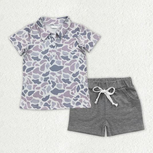 BT0597+SS0133 Baby Boys Grey Camouflage Lapel Buttons Shirts Cotton Shorts Clothes Set