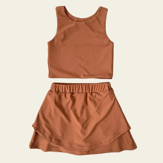 6.12 GSD2665 Baby Girls Sleeveless Brown Vest Top Short Skirts Yoga Set Preorder