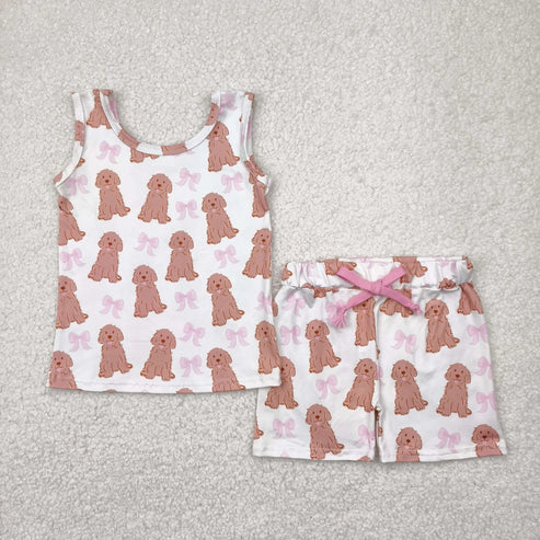 5.3 Sibling Baby Girls Sleeveless Bows Dogs Flowers Top Short With Belt Sets