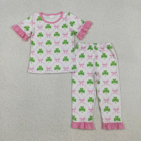 11.26 GSPO1838 Baby Girls Pink Quatrefoil St Patrick Tee Shirt Pants Pajamas Clothes Set