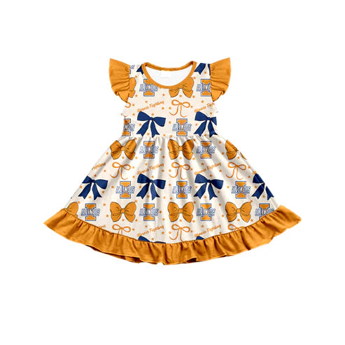 7.3  Custom Moq 3 Baby Girls Flutter Sleeves Illinois Bows Team Knee Length Dresses