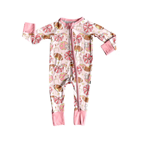 8.18 LR2573 Baby Girls Footballs Cheer Plaid Team Zipper Footie Rompers Preorder