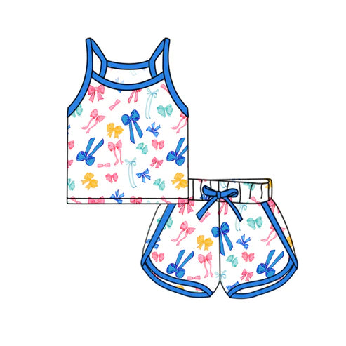 GSSO2339 Baby Girls Hot Blue Strap Colorful Bows Plaid Top Short Sport Set Preorder