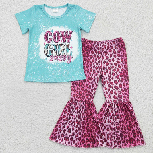 L-3.7 GSPO0307 Girls Cowgirl Blue Short Sleeve Pants Set Milk Silk