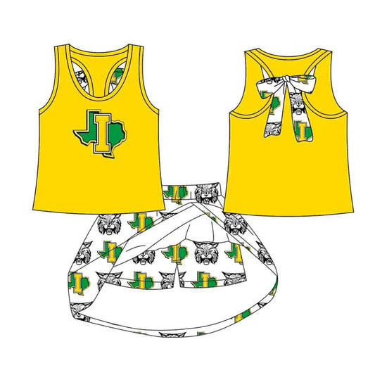 8.19 Custom Moq 5 Baby Girls Yellow I bow vest team Top Skirt Skort Sets