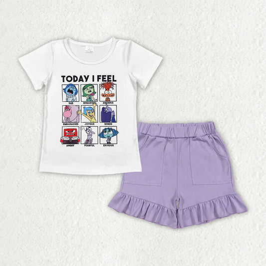 6.11 GT0674+SS0561 Baby Girls Today I Feel Cartoon Top Ruffle Pockets Shorts Clothes Set