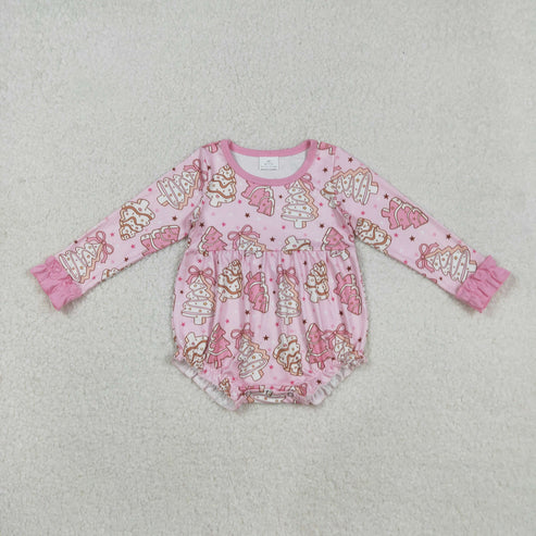 9.16 LR2301 Baby Girls Long Ruffle Sleeves Pink Bows Christmas Trees Plaid Romper