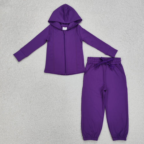 GT0807+P0670 Baby Girls Purple Zip Hooded Tops Yoga Jogger Pants Clothes Set