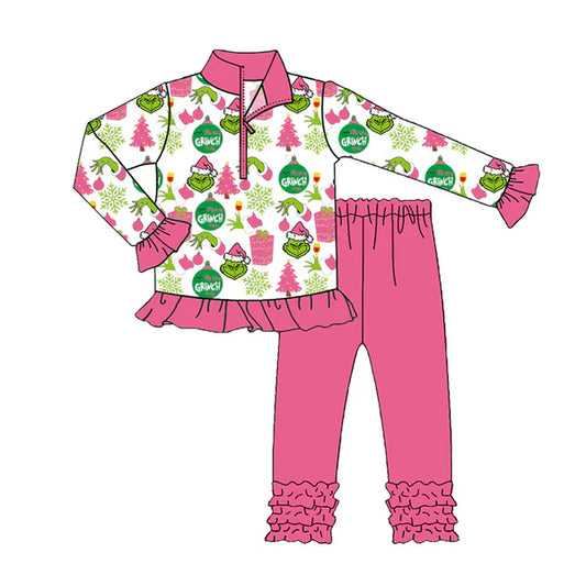 8.26  GLP2734 Baby Girls Green Face Gifts Zipper Pullover Ruffle Leggings Christmas Set Preorder