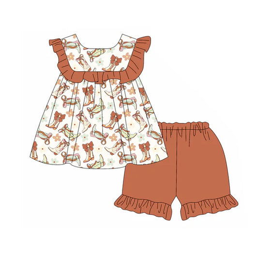 L-3.4 GSSO2108 Baby Girls Western Boots Bows Tunic Ruffle Shorts Clothes Sets Preorder