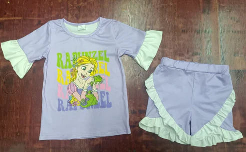 4.26  Preorder moq 3 Baby Girls Lavender Short Ruffle Sleeves Princess Top Short Pajamas Set