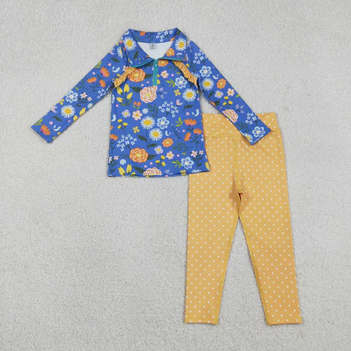 12.19 GLP2736 Baby Girls Blue Daisy Zipper Pullover Pockets Polka Dots Pant Yoga Active Set