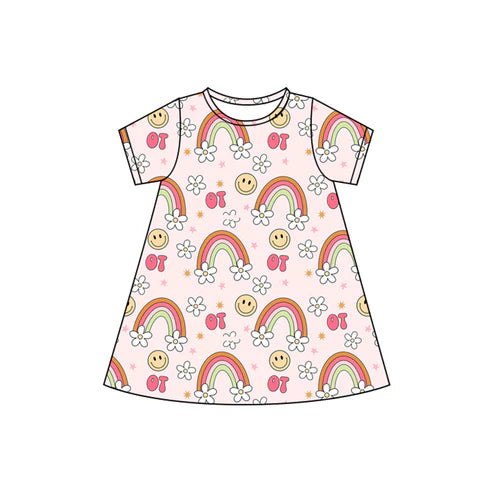4.21  GSD2478 Baby Girls Pink Short Sleeves Smiles Rainbows Flowers Knee Length Dresses Preorder