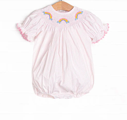 3.25 SR2983 Baby Infant Girls Pink Polka Dots Short Ruffle Sleeves Rainbows Smocked Rompers Preorder