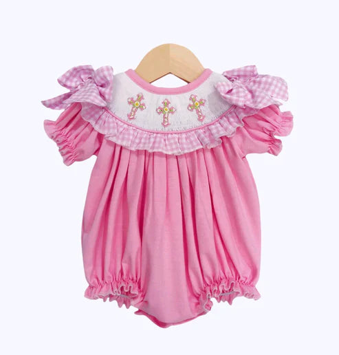 10.1  SR3250 Baby Girls Pink Bows Short Ruffle Sleeve Cross Easter Rompers Preorder