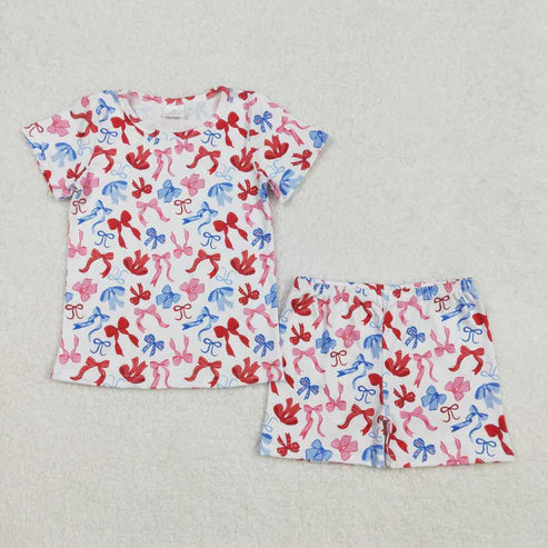 GSSO1992 Baby Girls 4th Of July Bows Shirts Shorts Set