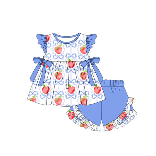 L-3.4 GSSO2114 Baby Girls Apple Bows Tunic Ruffle Shorts Clothes Sets Preorder
