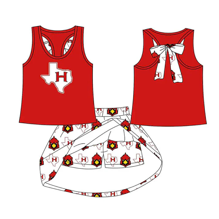 8.19 Custom Moq 5 Baby Girls Red Bird H bow vest team Top Skirt Skort Sets