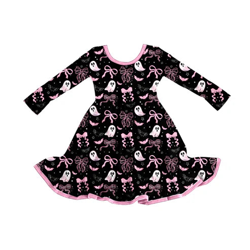 8.5 GLD1262 Baby Girls Bows Ghosts Plaid Halloween Ruffle Knee Length Dresses Preorder