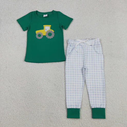 12.3 BSPO0615 Embroidery Baby Boys Golf Truck Top Checked Pockets Leggings Clothes Set