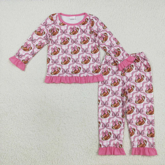8.26 GLP2535 Baby Girls Long Ruffle Sleeves Bows Footballs Top Pant Pajamas Set