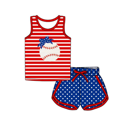 3.21 GSSO2371 Baby Girls Red Stripe Sleeveless Bow Baseball Top Blue Polka Dots Shorts 4th Of July Sport Set Preorder