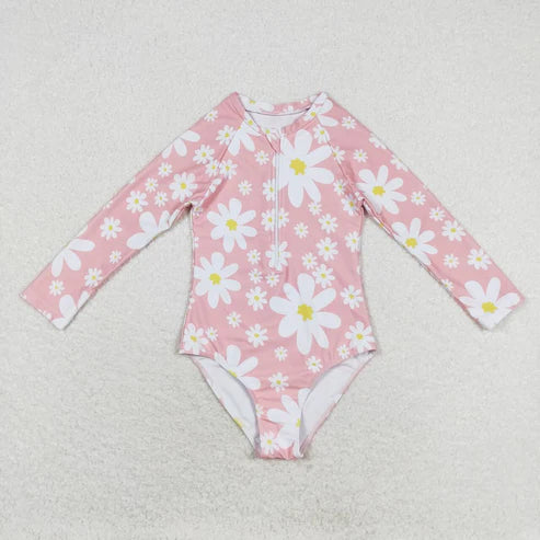 S0244 Flower pink zip-up one-piece swimsuit