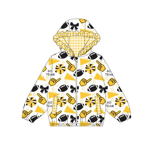 10.15 Custom Moq 8 Baby Girls Yellow Black Football Team Zipper Bows Hoodies Tops
