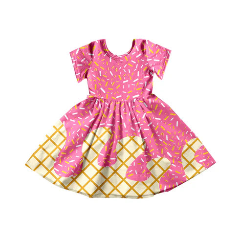 5.15 Preorder Moq 3 Baby Girls Pink Ice Cream Drips Knee Length Dresses