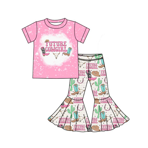 GSPO1855 Baby Girls Pink Western Boots Shirt Bell Pants Clothes Sets Preorder