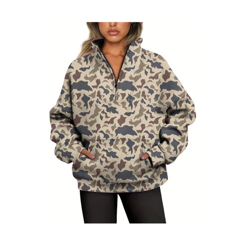 6.4 GT0828 Adult Women Dark Khaki Camo Long Sleeve Tee Shirts Zip Pullovers Tops Preorder