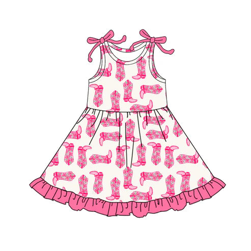 6.7 GSD2643 Baby Girls Pink Bow Sleeveless Boots Plaid Ruffle Knee Length Dresses Preorder