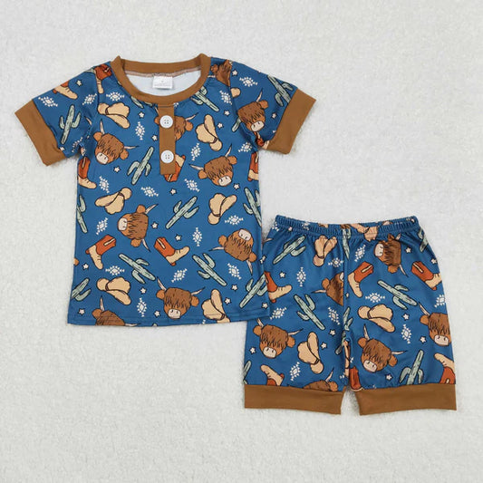 3.12 BSSO1232 Baby Boys Western Highland Cow Cactus Shirts Shorts Pajamas Clothes Set