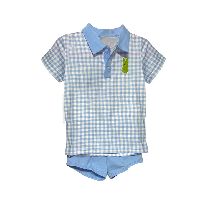 9.27  BSSO1551 Baby Boys Blue Checked Button Rabbit Top Shorts Easter Clothes Sets Preorder