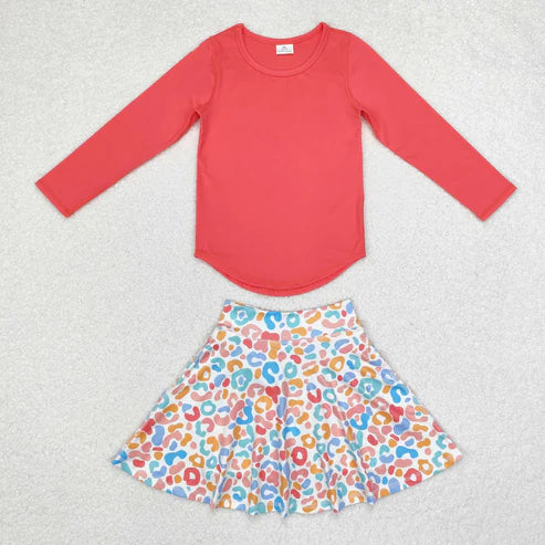 GT0643+ GLK0026 Baby Girls Coral Long Sleeve Leopard Colorful Skirts Set