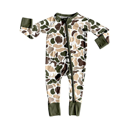 8.27 LR2590 Baby Boys Deer Ducks Dogs Camo Western Zipper Footie Rompers Preorder