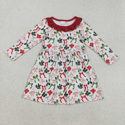 8.28 GLD1036 Baby Girls Long Sleeves Colorful Bows Christmas Knee Length Dress