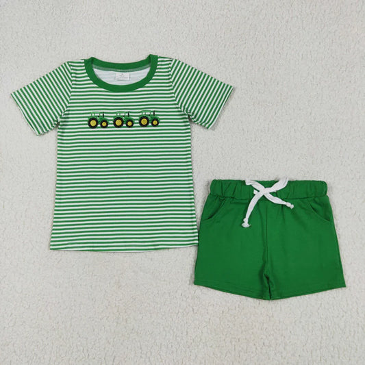6.12 BSSO1374 Embroidery Baby Boys Green Farm Trucks Tops Pockets Shorts Clothes Set
