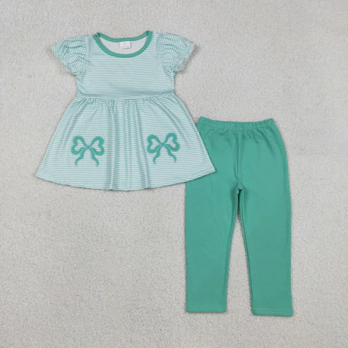 12.8 GSPO2151 Embroidery Bows Baby Girls Aqua Stripe Tunic Leggings Pant Clothes Set